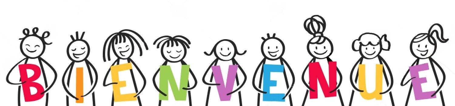Stick figure children holding BIENVENUE letters